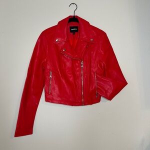 Express cherry red leather Moto jacket